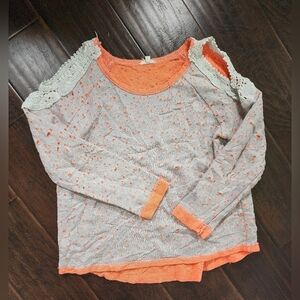 Oddy Womens Distressed Shoulder Cut Out Orange Grey Pullover Sweater